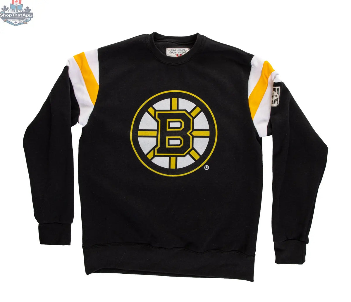 Calhoun Surf N' Skate Boston Bruins crewneck sweatshirt with varsity retro style design, featuring team logo and classic knit fabric.