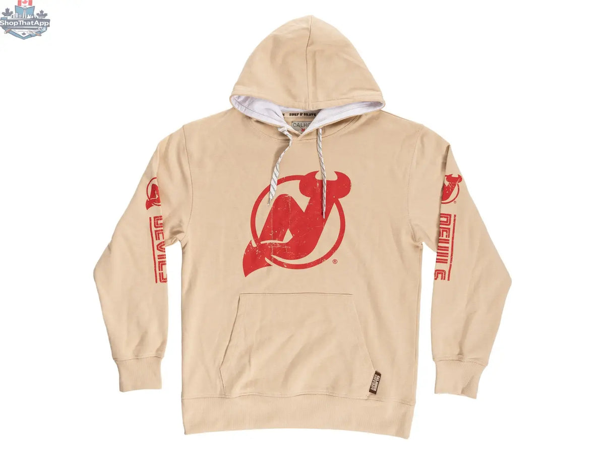New Jersey Devils hoodie by Calhoun Surf N' Skate featuring team logo and oatmeal color, casual game day apparel.