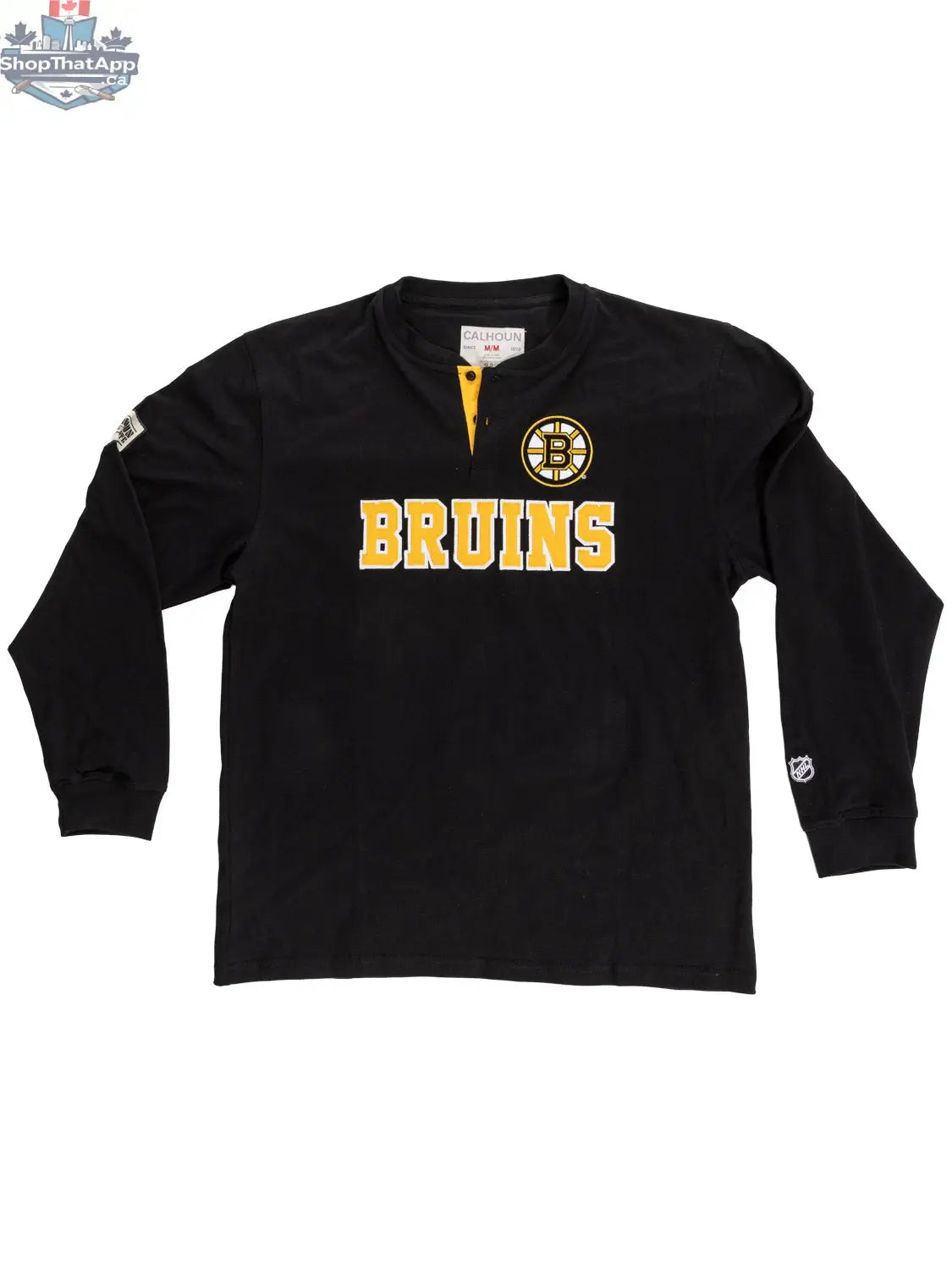 Boston Bruins long sleeve henley shirt by Calhoun Surf N' Skate, featuring team logo and classic fan apparel design.