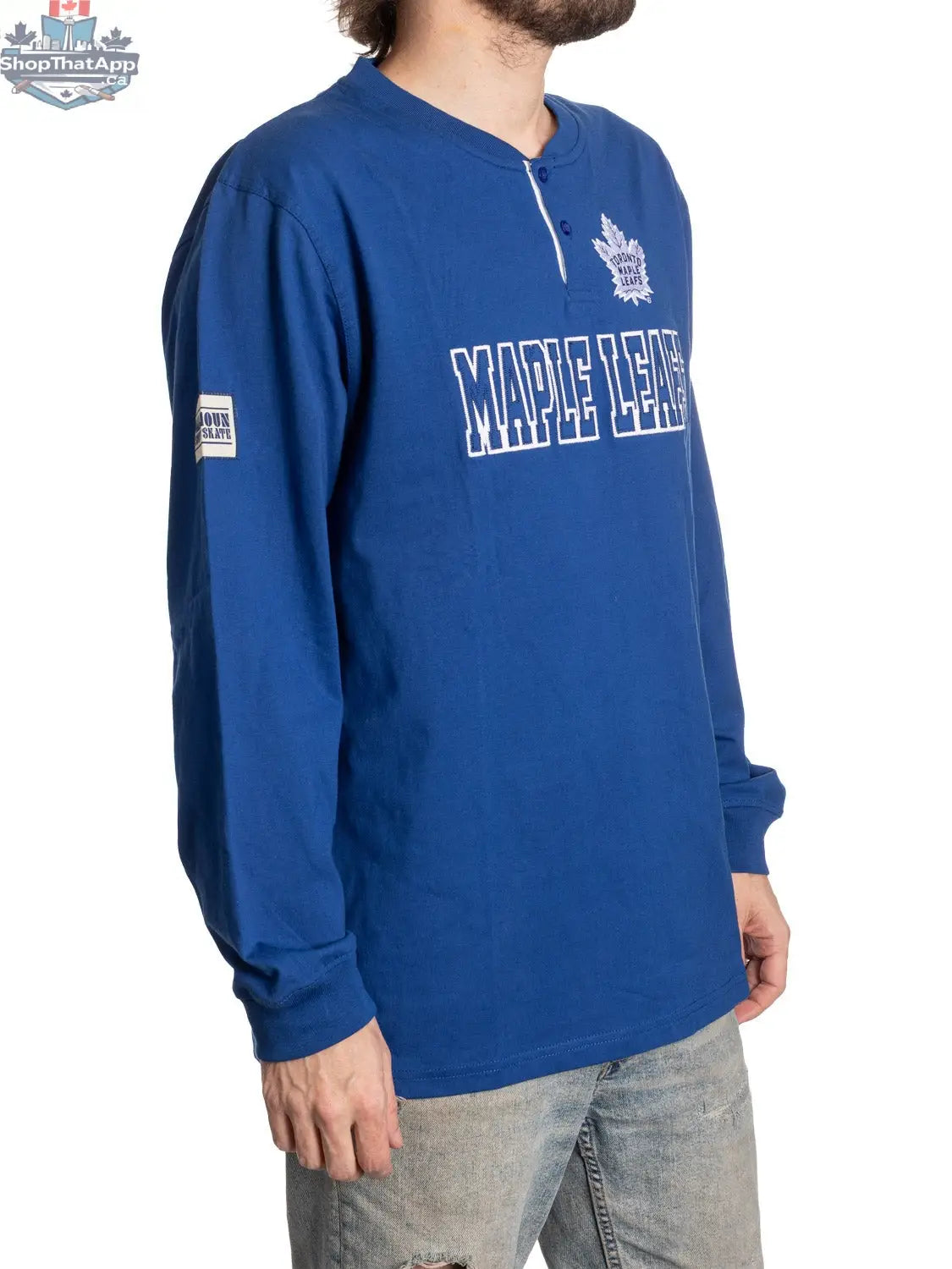 Calhoun Surf N' Skate Toronto Maple Leafs henley long sleeve shirt displayed from the side view.