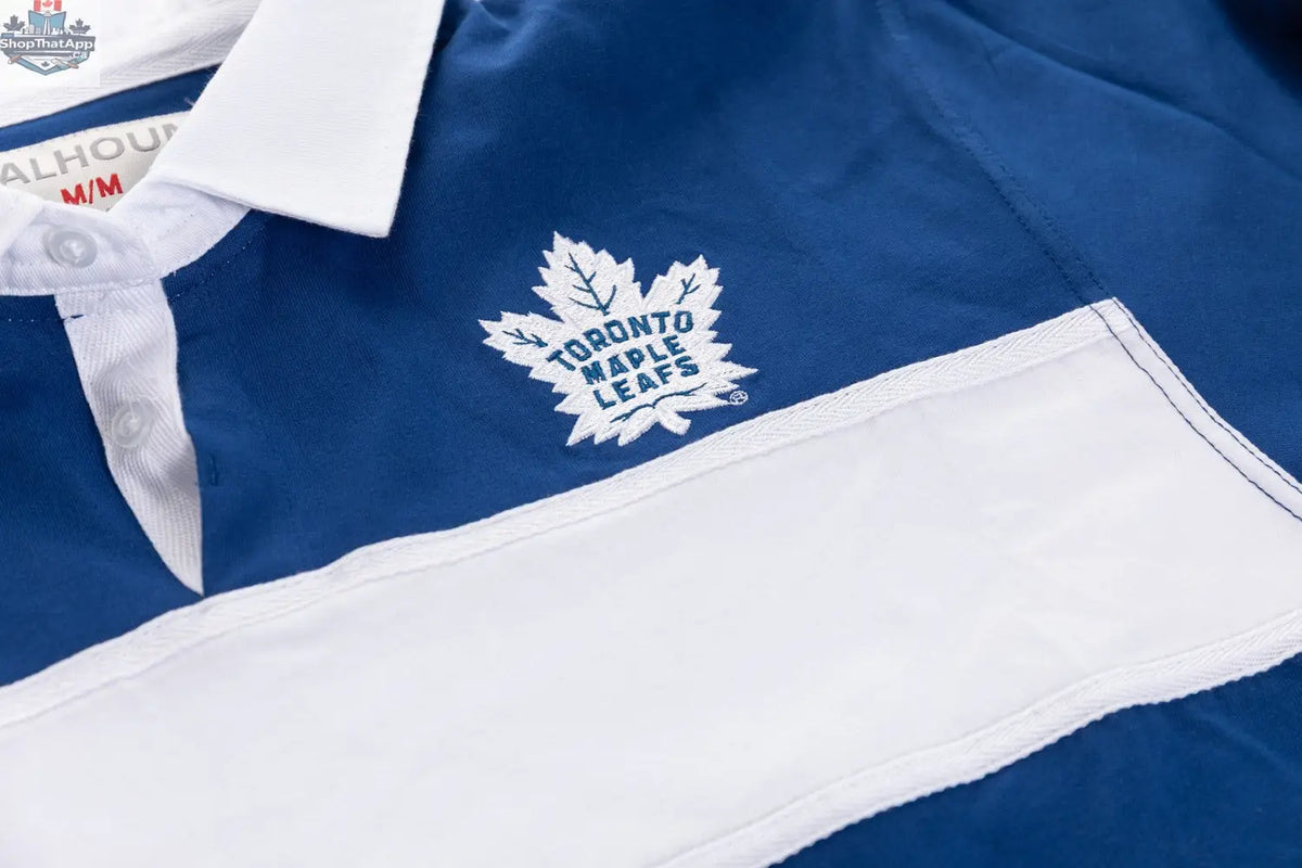 Toronto Maple Leafs rugby shirt by Calhoun Surf N' Skate featuring team logo and detailed fabric close-up.