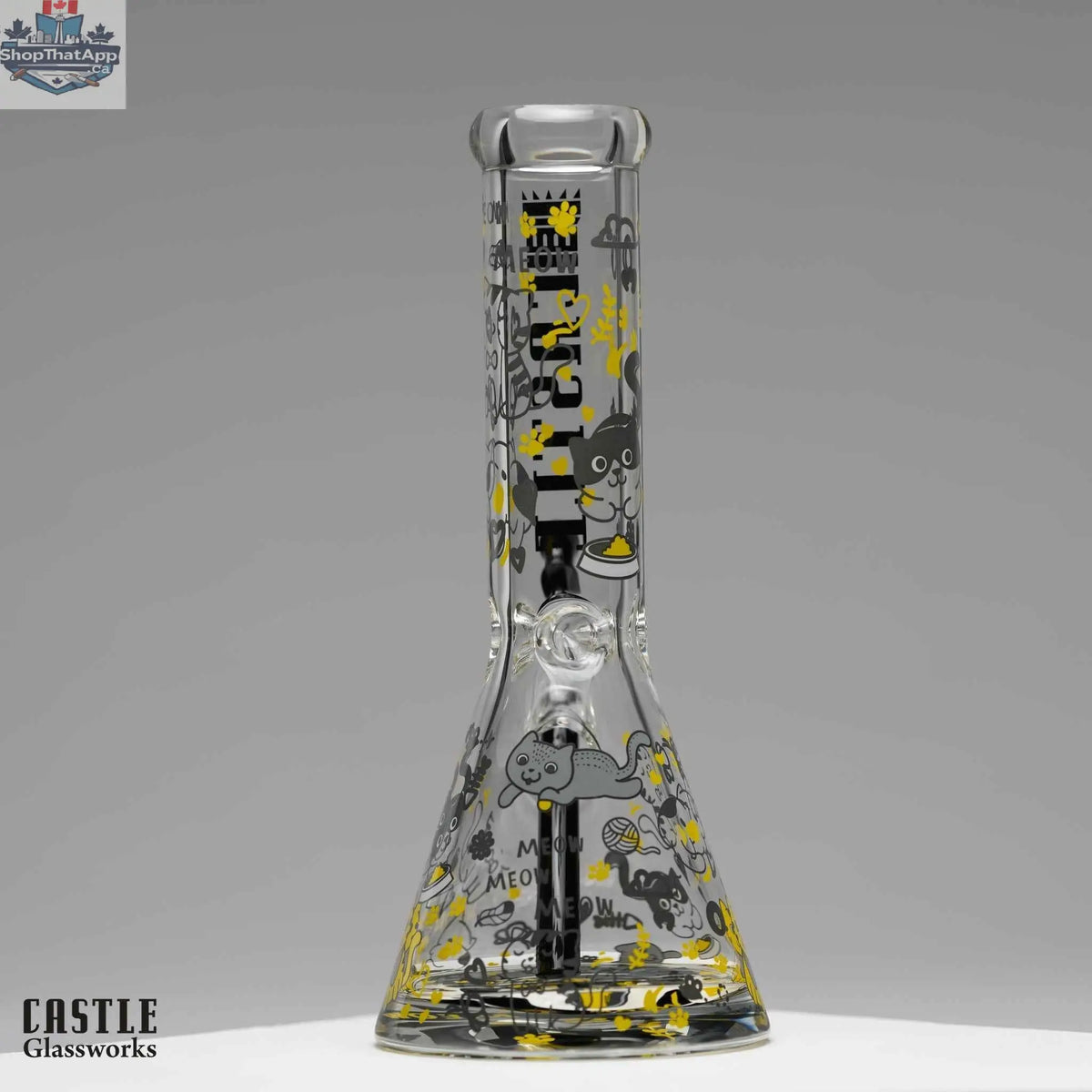 Castle Glassworks 12-inch kitty cat beaker bong with 9mm thick glass for smooth hits and easy use.