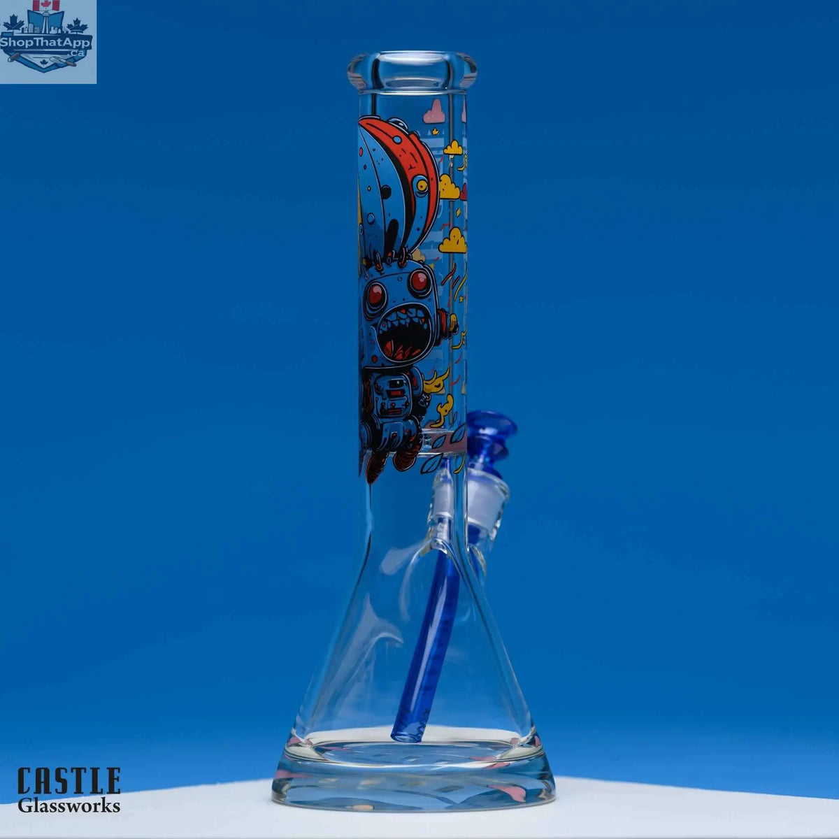 14-inch retro robot beaker bong by Castle Glassworks, made of 9mm thick glass with a classic beaker shape for smooth smoking.