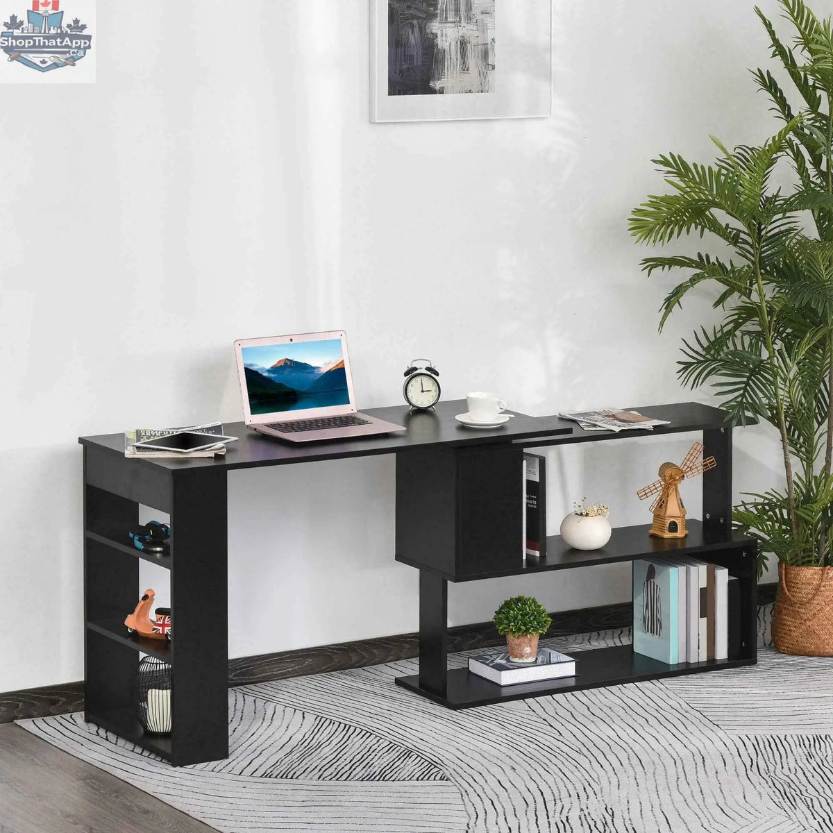 Black Denver L-shaped office desk with rotating corner extension from SLOTH Nation, featuring a spacious workspace and modern design.