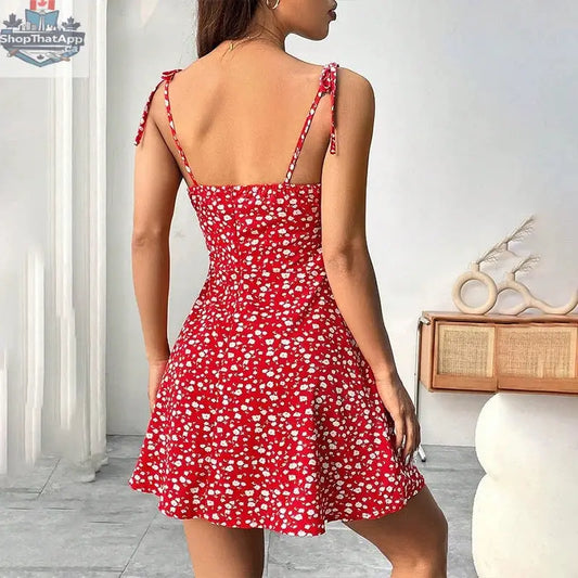 Floral Print Dress Summer Sweet A- Line Waist Trimming Dresses Women's Slimming Casual Clothing - Shopthatapp.ca