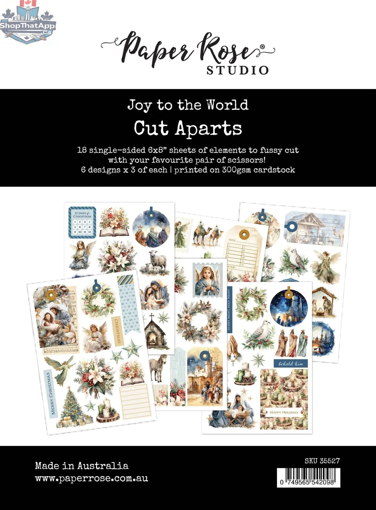 Ecstasy Crafts Joy to the World Cut Aparts ephemera sheet with festive holiday-themed die cuts and decorative elements.