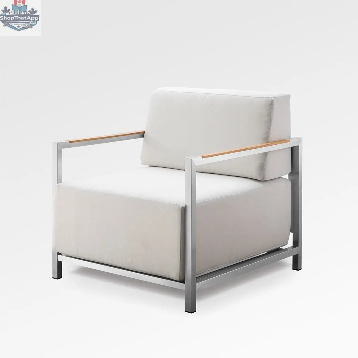 Enclover Acacia lounge chair with silver frame and Sunbrella cushions, designed for stylish outdoor relaxation.
