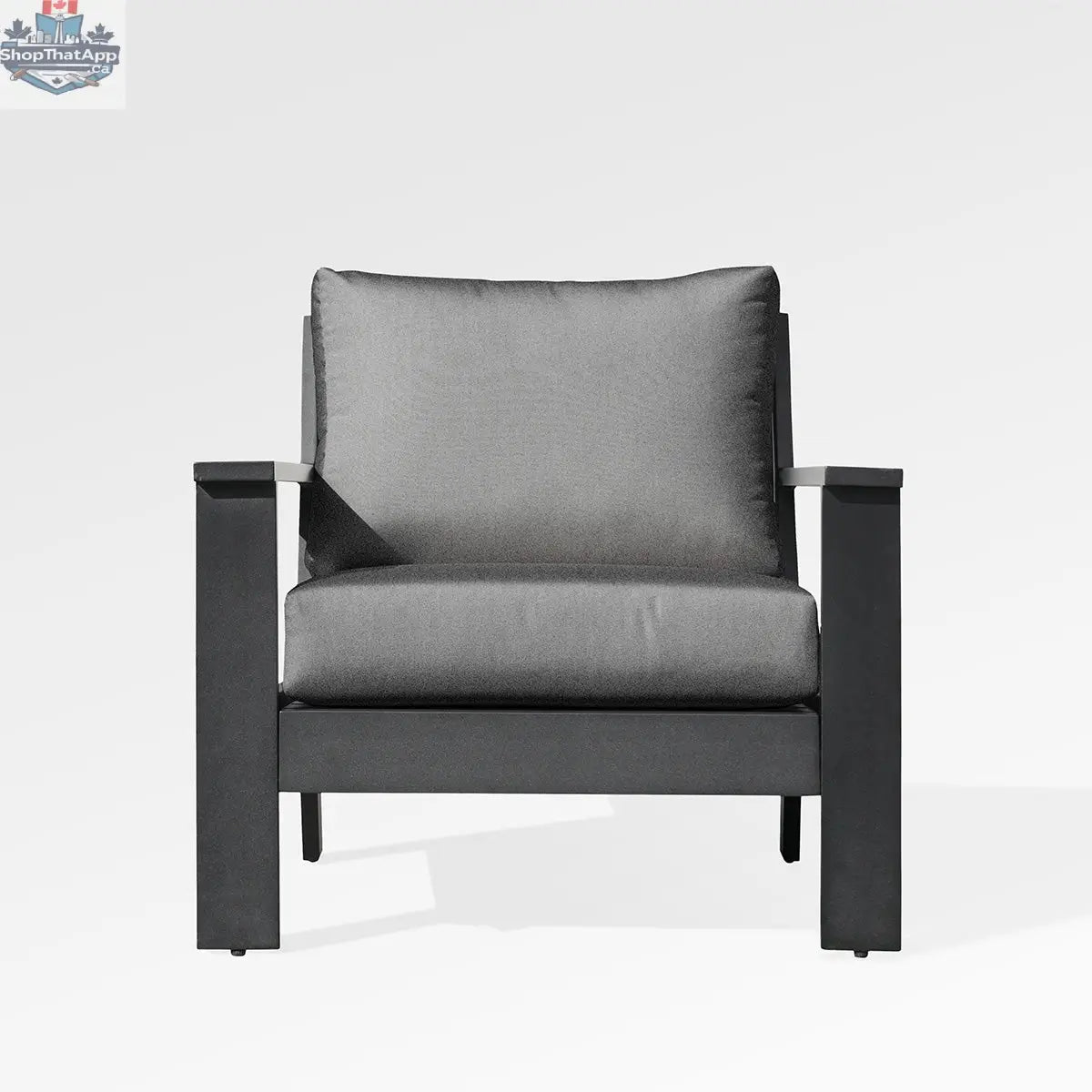 Magnolia black aluminum club chair by Enclover with Sunbrella® cushions in Slate fabric, shown from the front.