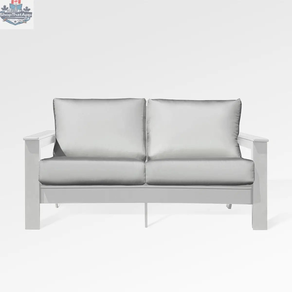 Enclover Hickory loveseat with white Sunbrella cushions and granite fabric, outdoor sofa with a sturdy frame and comfortable seating.