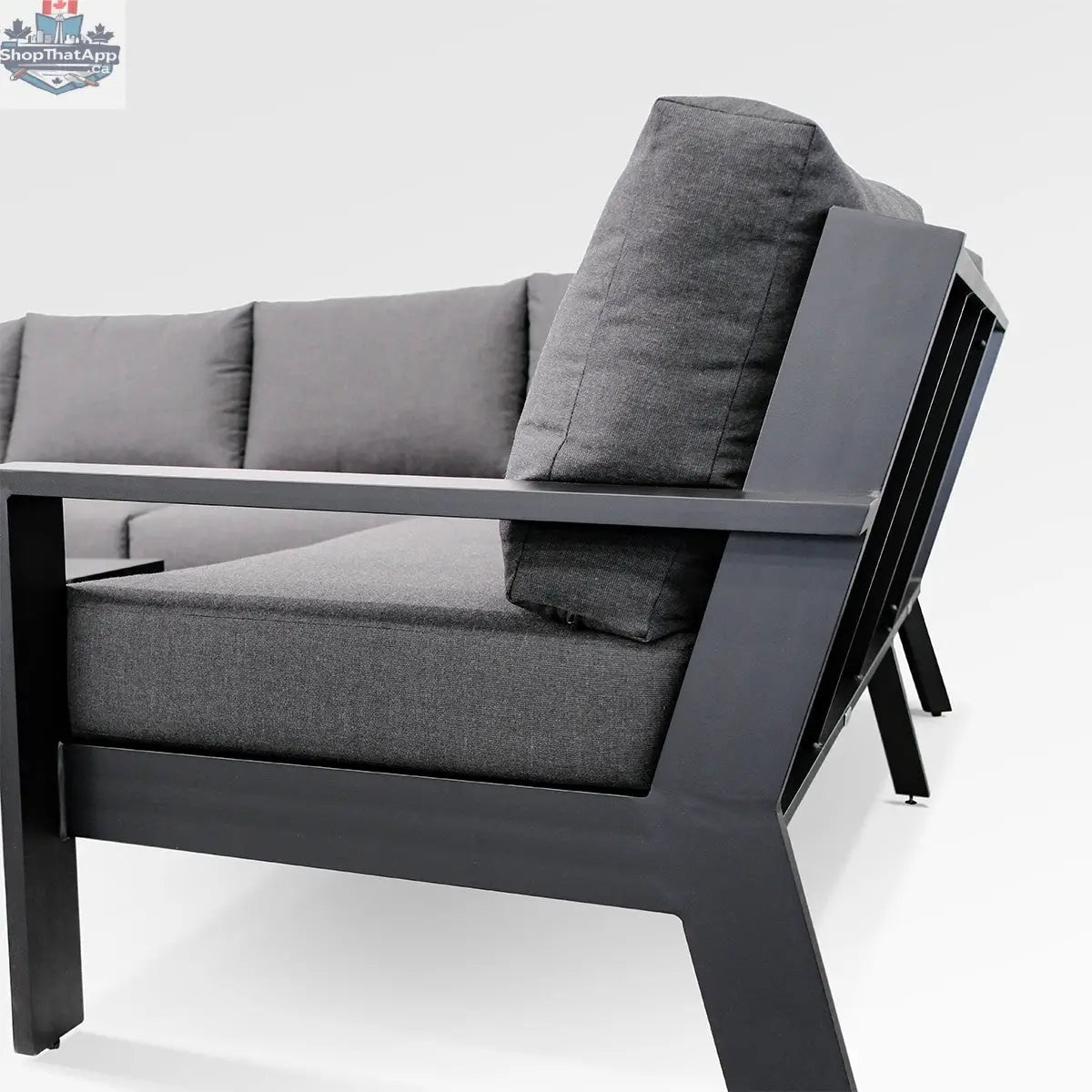 Magnolia black aluminum sectional with Sunbrella® cast slate cushions, outdoor furniture, modern design, detailed view