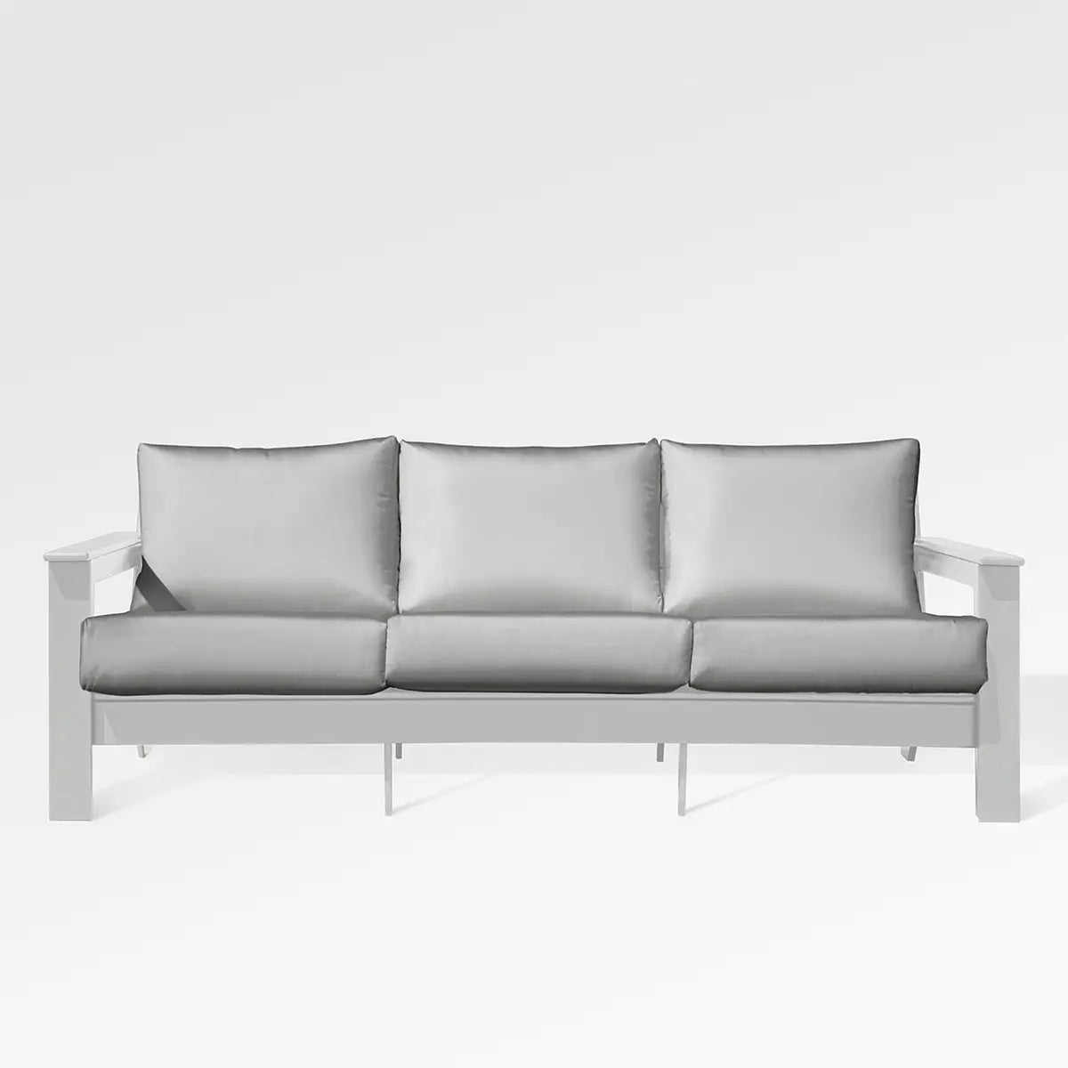 Enclover Hickory outdoor sofa with white Sunbrella cushion and granite-colored fabric, stylish patio furniture for outdoor comfort.