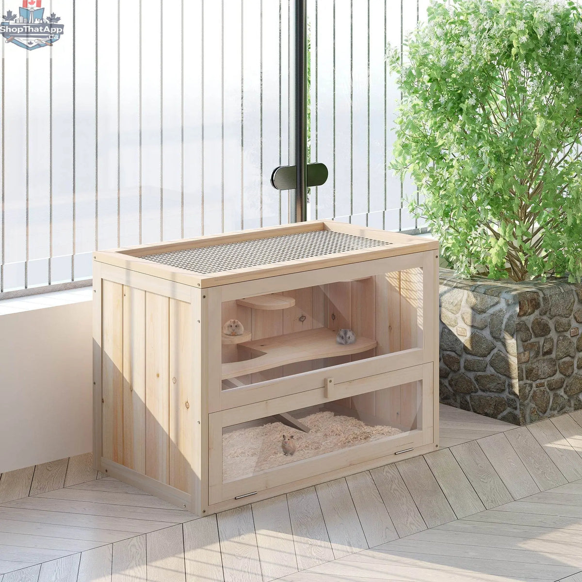 Wooden 2-tier hamster habitat cage by EX-STOCK Canada featuring multiple levels and rodent-safe design.