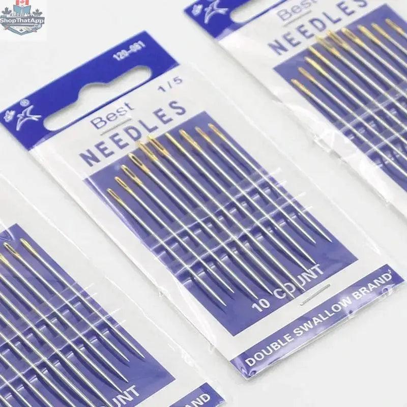Set of 10 EX-STOCK Canada self-threading embroidery needles for easy hand sewing, displayed in a close-up image.