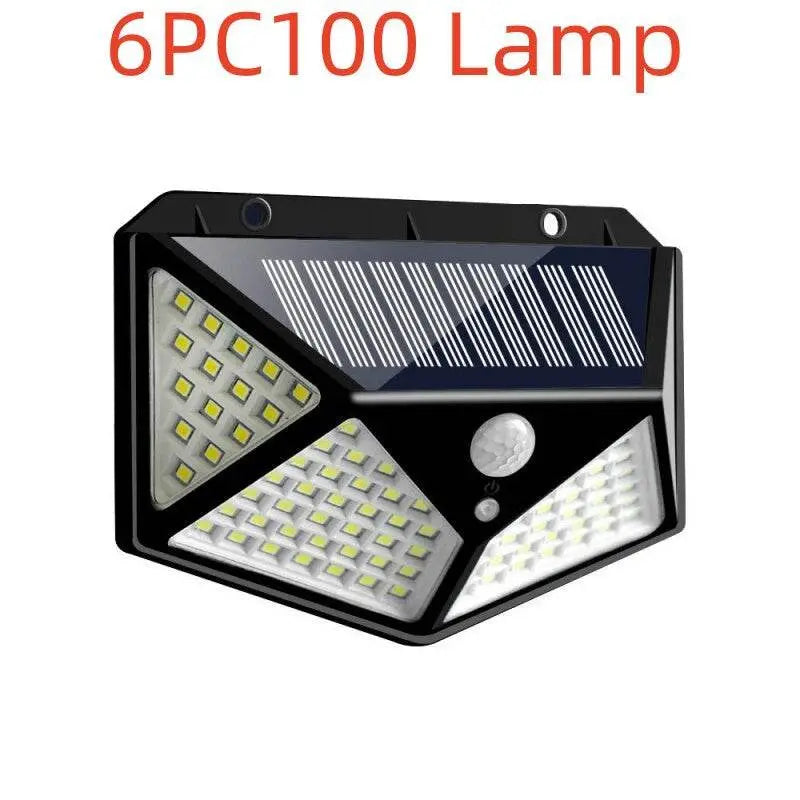 Outdoor 100 LED solar wall light by EX-STOCK Canada illuminating garden, corridor, and courtyard areas.