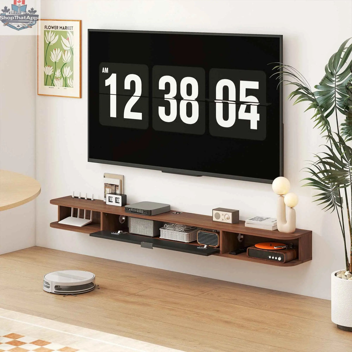 SLOTH Nation Lennox Walnut floating TV stand for up to 75-inch TVs with flip drawer and modern living room furniture design