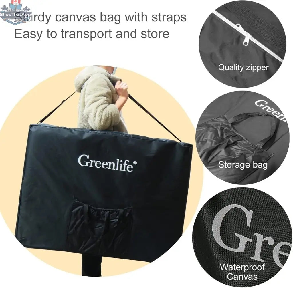 Greenlife Calgary portable massage table, 23-inch width, 3-inch thick, foldable with carrying bag, no armrest or headrest.