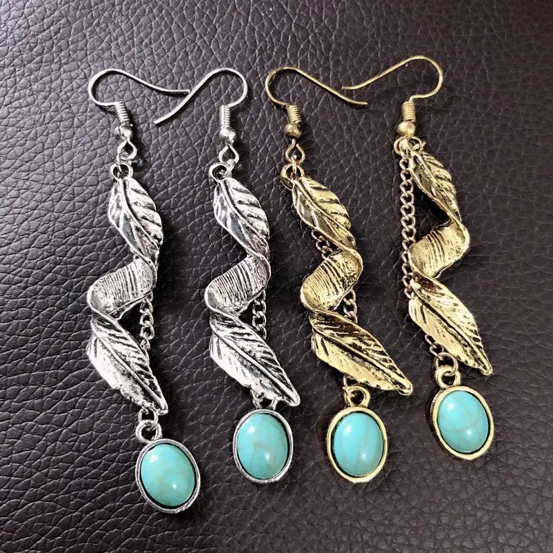 Turquoise leaf earrings made of alloy with a stylish leaf design, perfect for elegant fashion accessories.