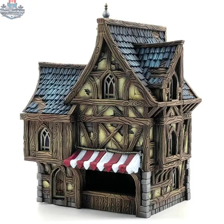Painted medieval fantasy merchant's house terrain from Hawk Collectibles for wargaming, set in the Hamlet of Misty Hollow.