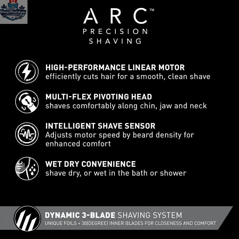 Panasonic ARC3 electric razor for men with pop-up trimmer, refurbished with Home Essentials warranty, shown with shaving head and trimmer.
