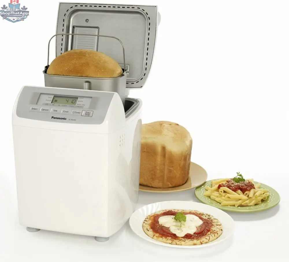Refurbished Panasonic SDRD250 bread maker with digital controls and baking pan, displayed on a white countertop.