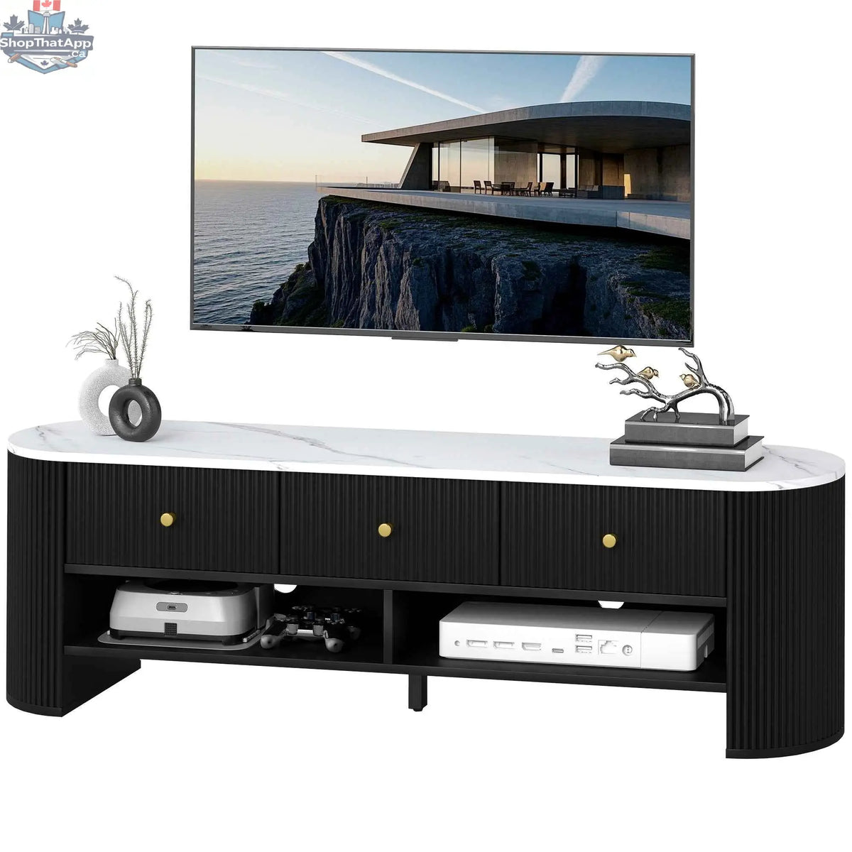Modern SLOTH Nation Colby TV stand with marble-effect top and storage drawers, natural wood finish for living room furniture.