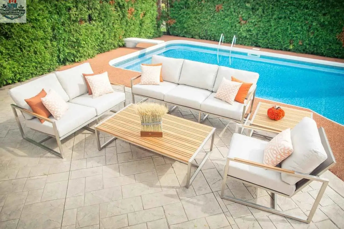 Krikacy acacia outdoor coffee table with stainless steel legs and teak top, stylish for outdoor living spaces