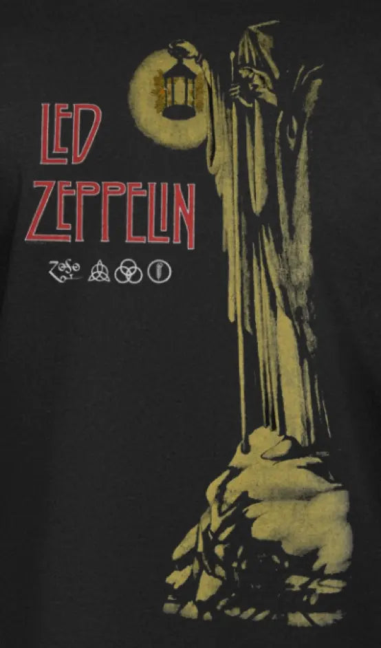 Black Led Zeppelin Stairway to Heaven T-shirt by Little Guitars featuring band logo and artwork for rock music fans.