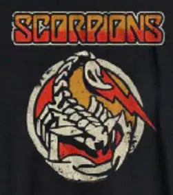 Black Scorpions T-shirt for rock fans by Little Guitars, featuring the iconic Scorpions logo on the front.