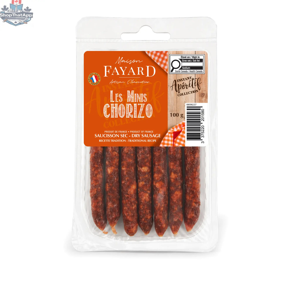 Mini chorizo snacks by Maison Fayard featuring savory, non-refrigerated chorizo slices in 100g package, perfect for snacking.