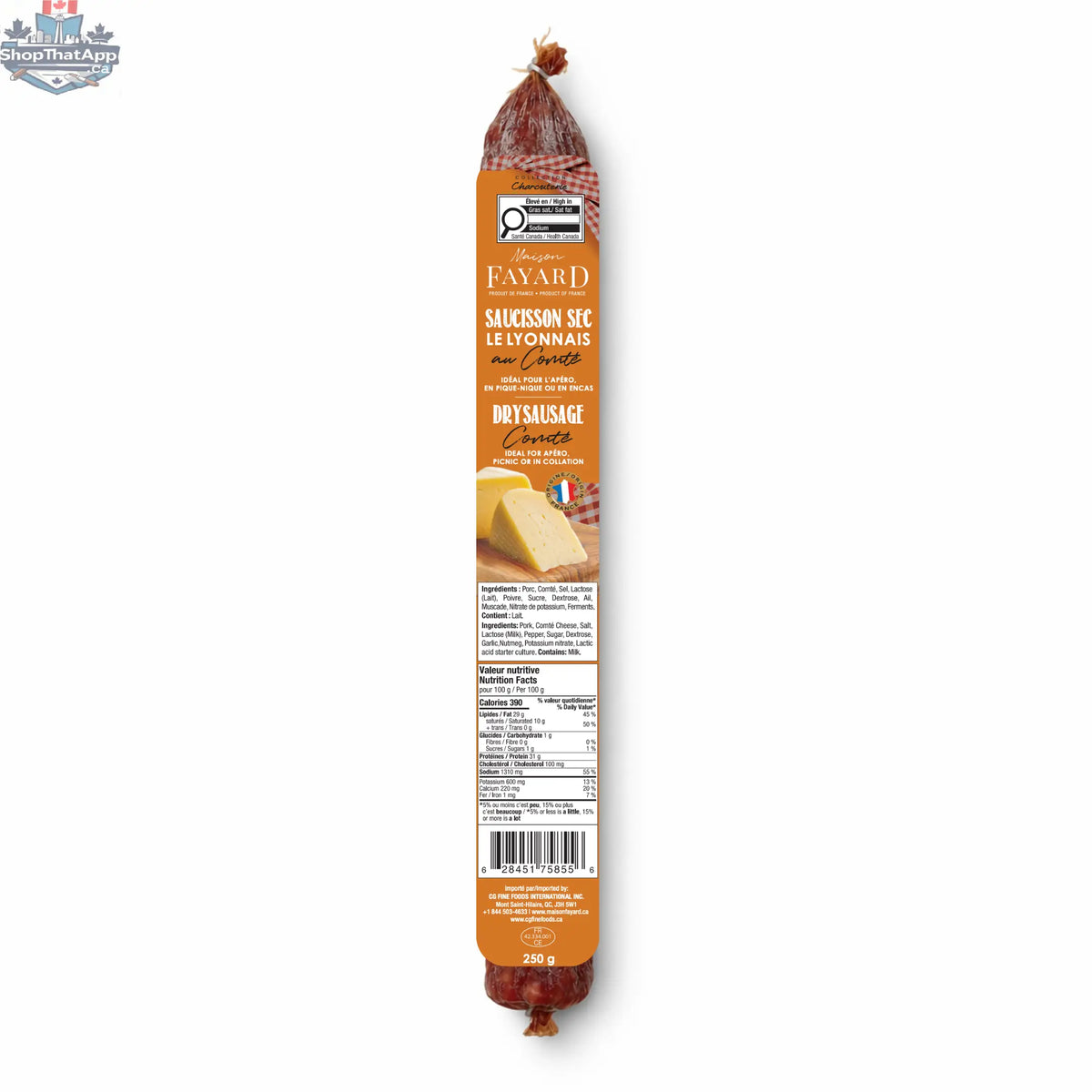 French dry sausage with Comté cheese from Maison Fayard, sliced Saucisson Sec prepared for serving.