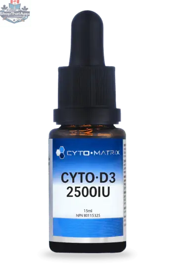 Cyto-Matrix D3 2500IU vitamin D3 supplement bottle from Monarch MD Medical Aesthetics, featuring the label and cap.