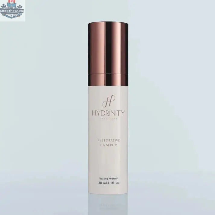 Hydrinity Restorative HA Serum by Monarch MD Medical Aesthetics in a clear dropper bottle with serum inside.
