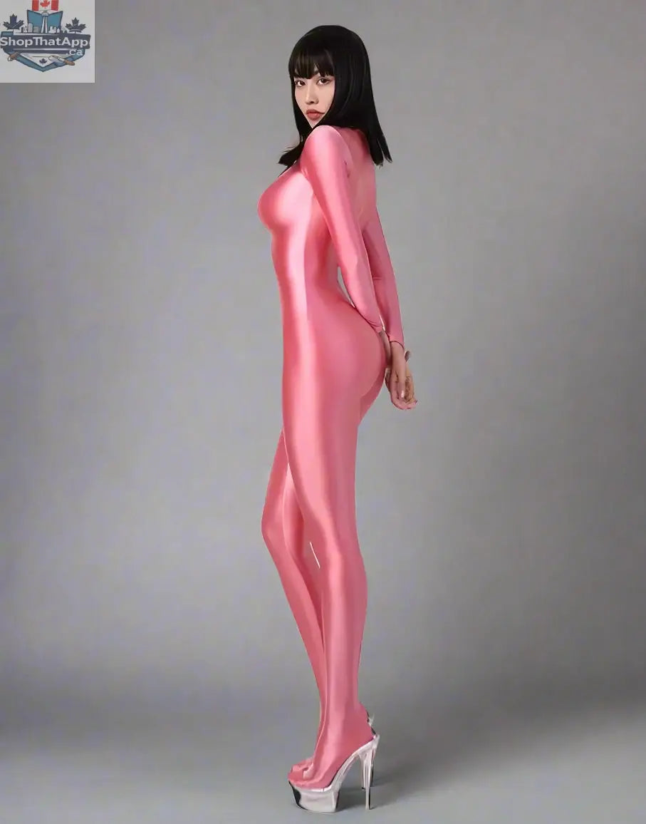Shiny black MRJCOS spandex nylon bodysuit with back zipper, full jumpsuit design, form-fitting and reflective finish.