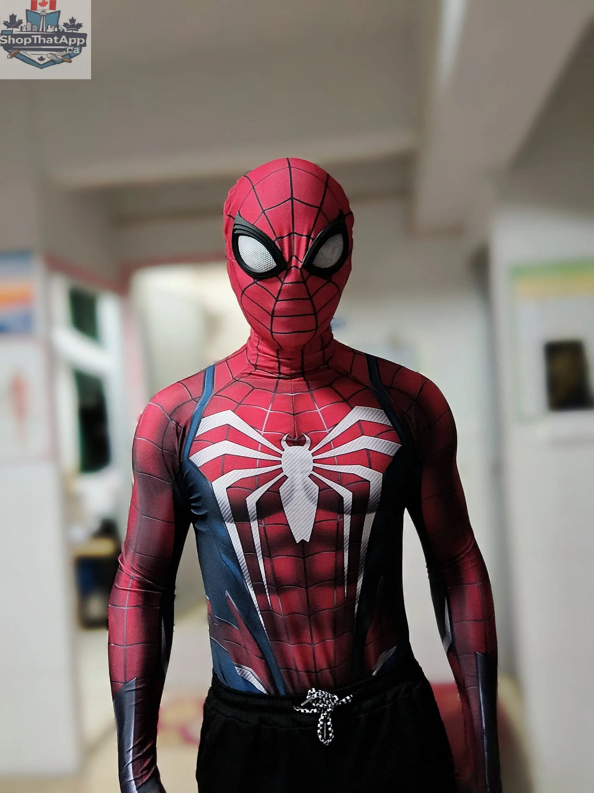 MRJCOS superhero Spider cosplay costume full bodysuit for Halloween featuring red and black spider web design.
