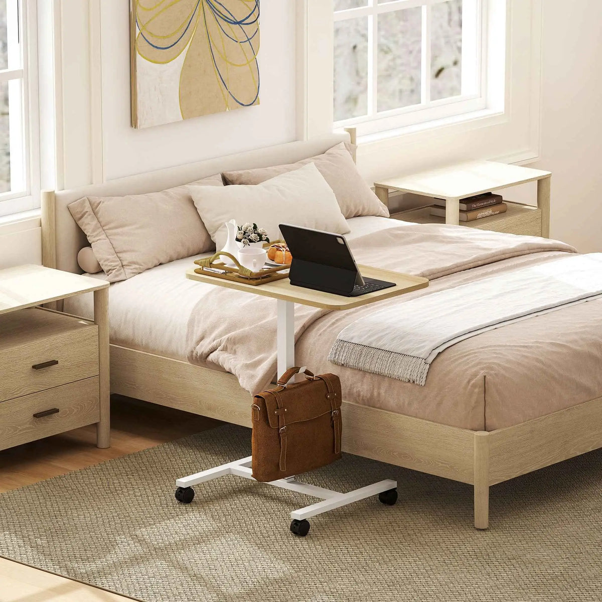 Eden height adjustable standing desk by SLOTH Nation with wheels and headphone hook in natural wood finish.