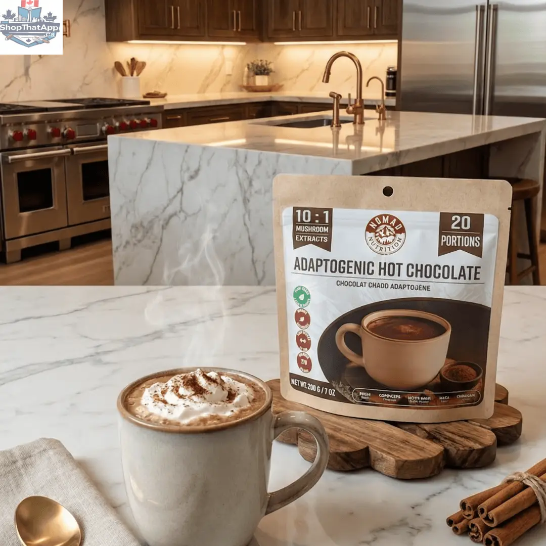 Vegan adaptogenic hot chocolate mix by Nomad Nutrition, featuring plant-based, gluten-free dehydrated hot chocolate powder.