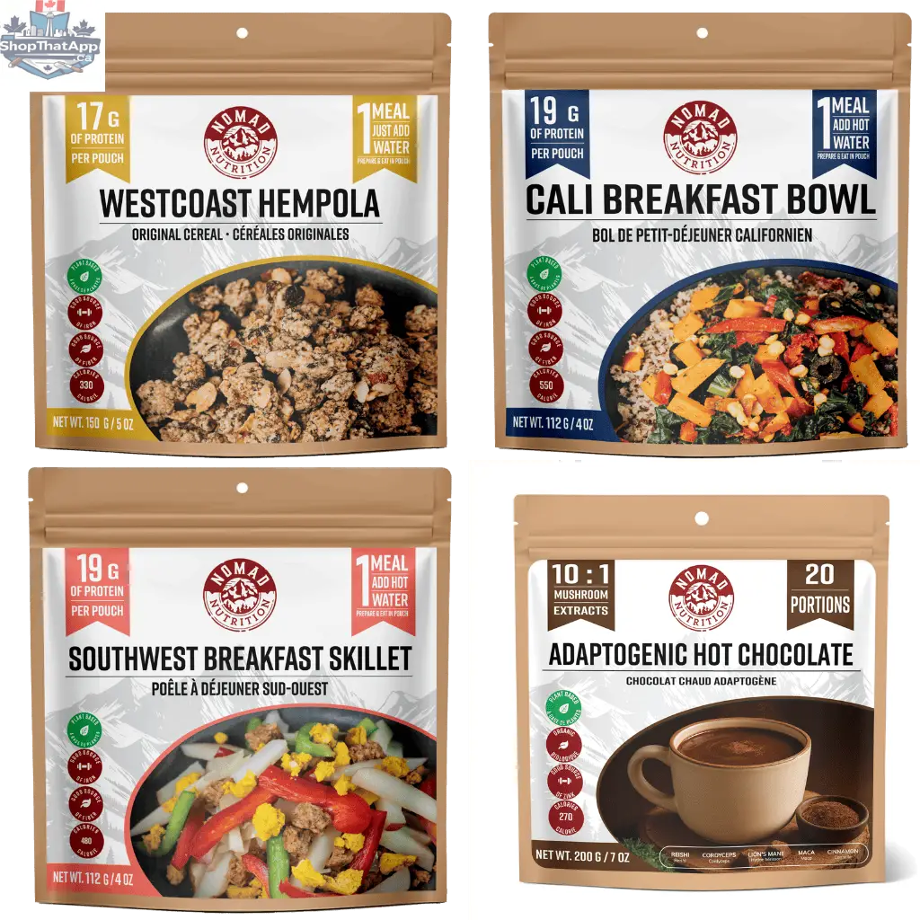 Nomad Nutrition Breakfast Pack featuring plant-based, vegan, dehydrated, gluten-free food in a convenient breakfast bundle.