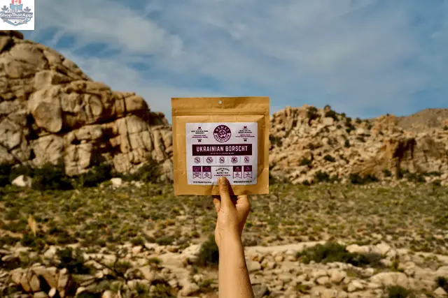 Vegan Ukrainian Borscht soup by Nomad Nutrition, featuring vibrant beetroot, vegetables, and herbs in a dehydrated plant-based meal.