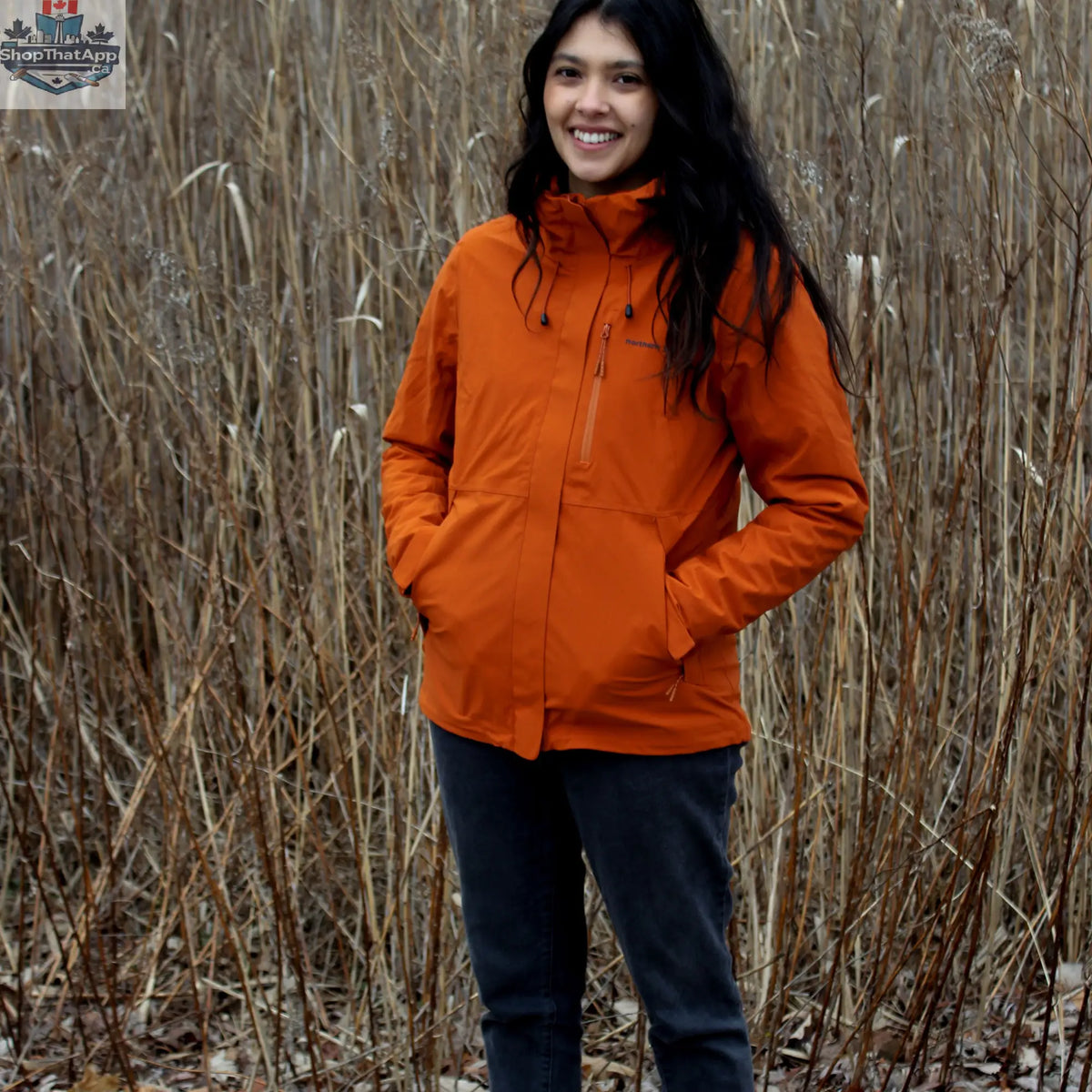 Northern Sun women's 3-in-1 winter waterproof jacket with adjustable hood, multiple pockets, and durable outdoor winter gear.