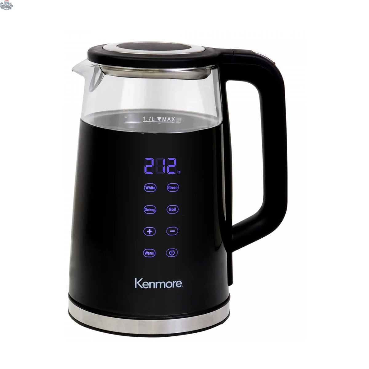 Glass Kenmore 1.7L double-wall electric kettle with touch screen from oboxliquidation, showing the sleek design and control panel.