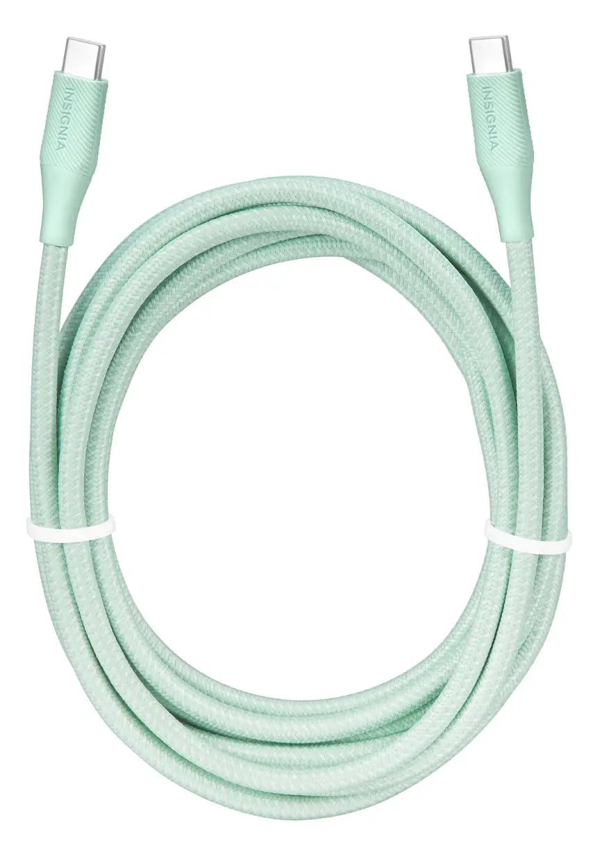 Insignia USB-C to USB-C 3m green charging cable for mobile phones, shown in a close-up image with cable details.