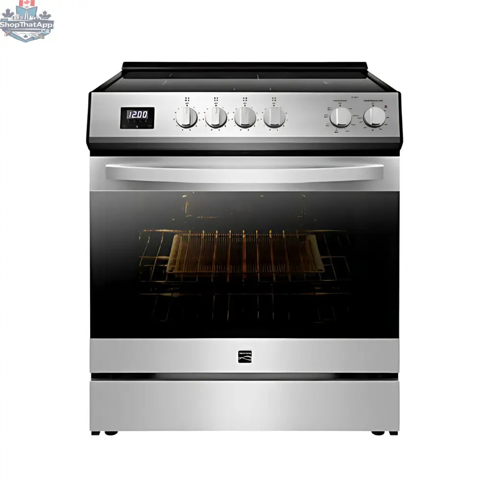Kenmore stainless steel 30-inch induction cooktop with 4 elements, convection, and Air Fry function in a modern kitchen setting.