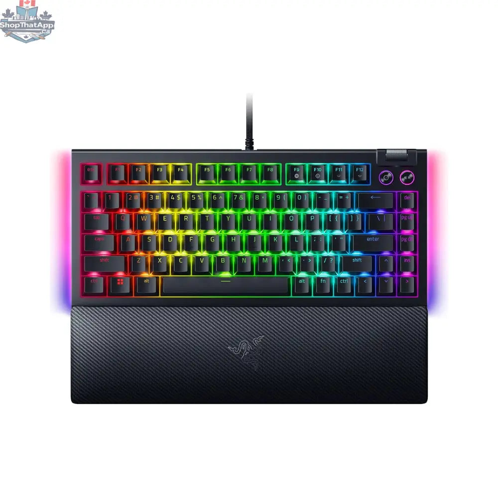 Razer BlackWidow V4 mechanical gaming keyboard with RGB Chroma lighting, compact 75% layout, black design, and customizable keys.