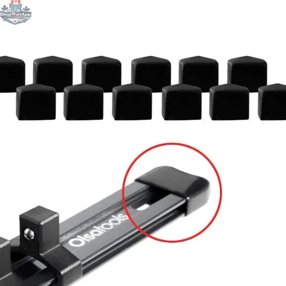 Set of four aluminum socket organizer end caps from Olsa Tools Canada with black finish for secure socket rail fitting.