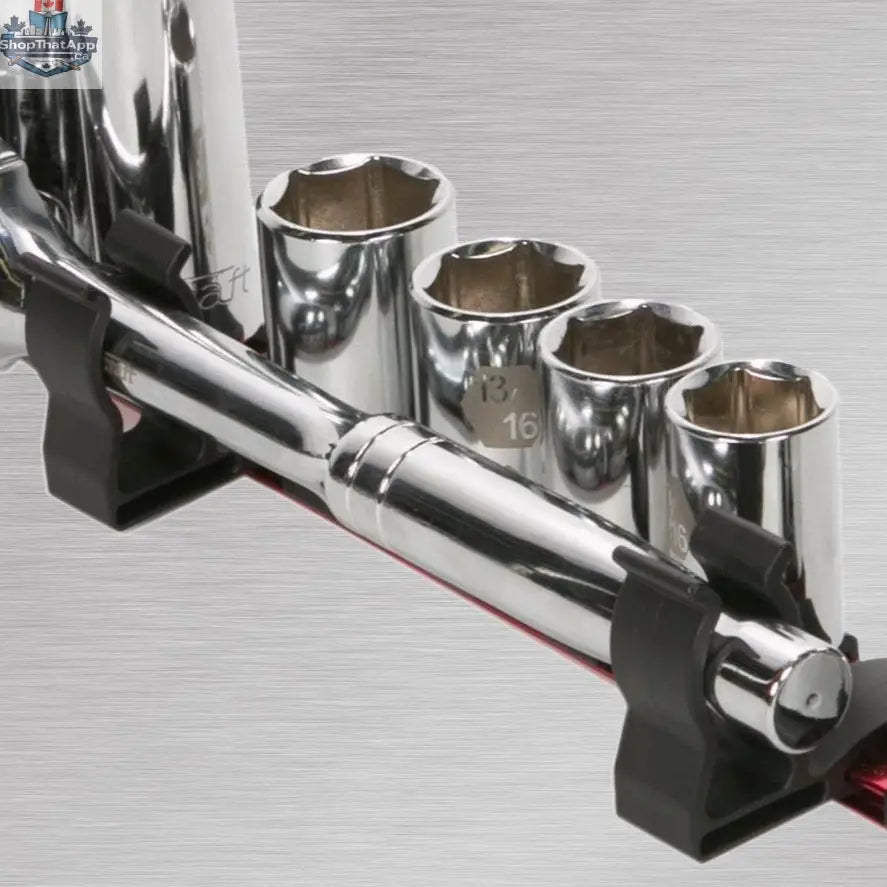 Olsa Tools Canada ratchet extension holder with extra clips for aluminum socket organizers on a workbench.
