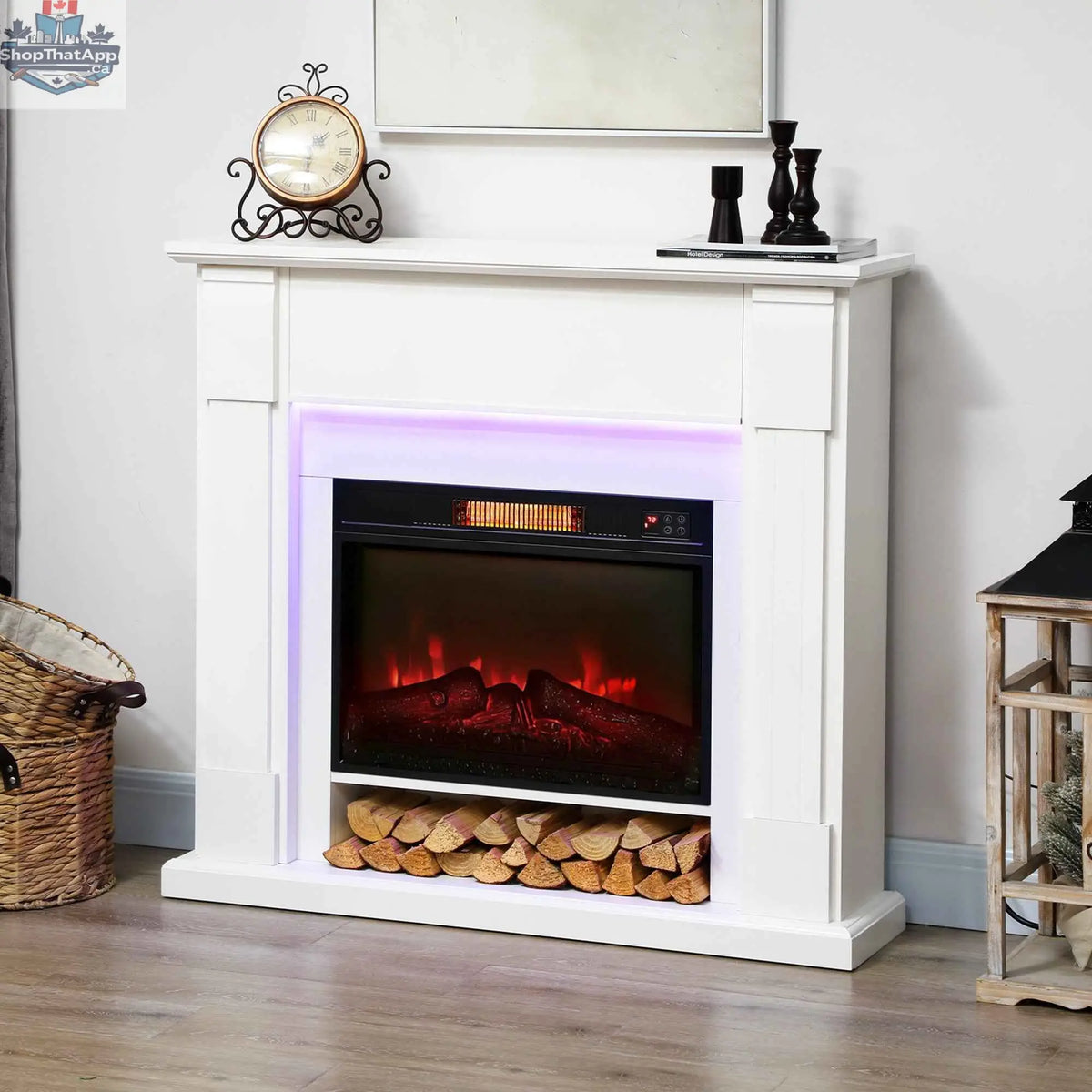 White Aubrey electric fireplace with mantel and adjustable 3D flame effect, SLOTH Nation home décor fireplace display
