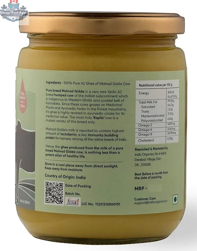 Pure Indic Organics Malnad Gidda A2 Desi Cow Ghee from Prithvi Mart, showing a jar of cultured ghee with a natural farm background.
