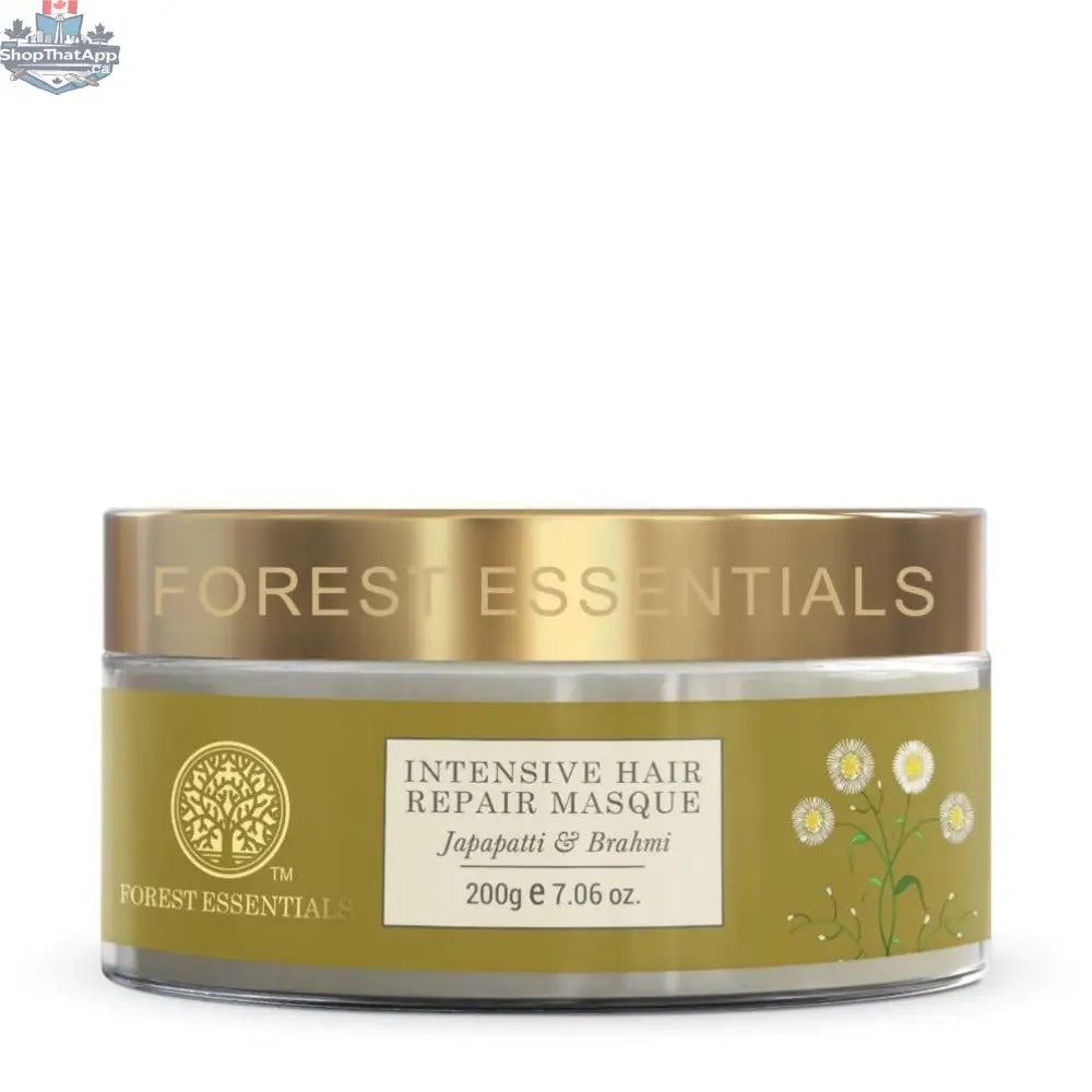 Forest Essentials Hair Repair Masque with Japapatti and Brahmi for intensive hair treatment, in a jar with product label visible.