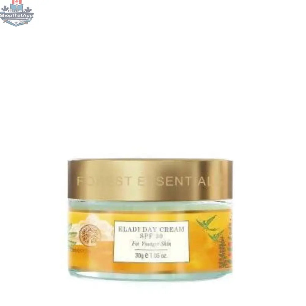 Forest Essentials Eladi Day Cream SPF 30 in a white jar with a gold lid, part of Prithvi Mart's beauty and personal care collection.