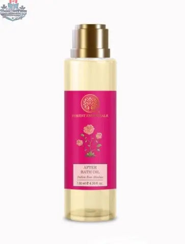 Indian Rose Absolute after bath oil by Forest Essentials, a luxurious personal care product with rose essence, displayed in a bottle.